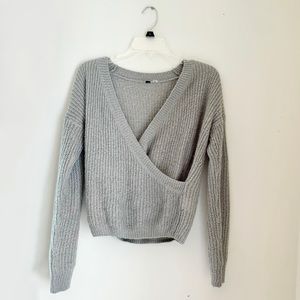 Urban Outfitters Grey Knit Cropped Wrap Sweater